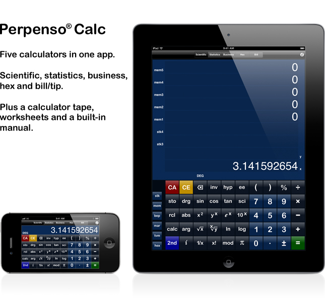 Perpenso Calc, five calculators in one, scientific, statistics, business, hex and bill / tip, fractions, complex numbers, rpn