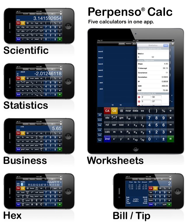 Perpenso Calc, three calculators in one, scientific, hex and bill / tip, fractions, complex numbers, rpn